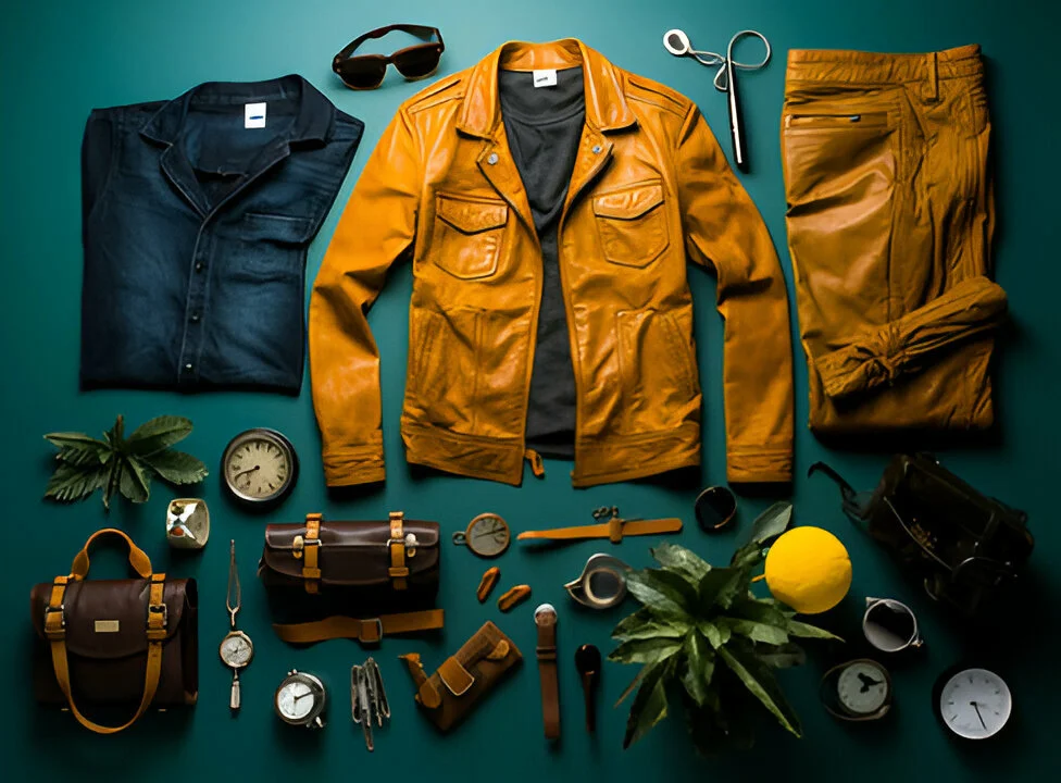 Leather jacket, leather Suitcase, leather boot and leather wallet,